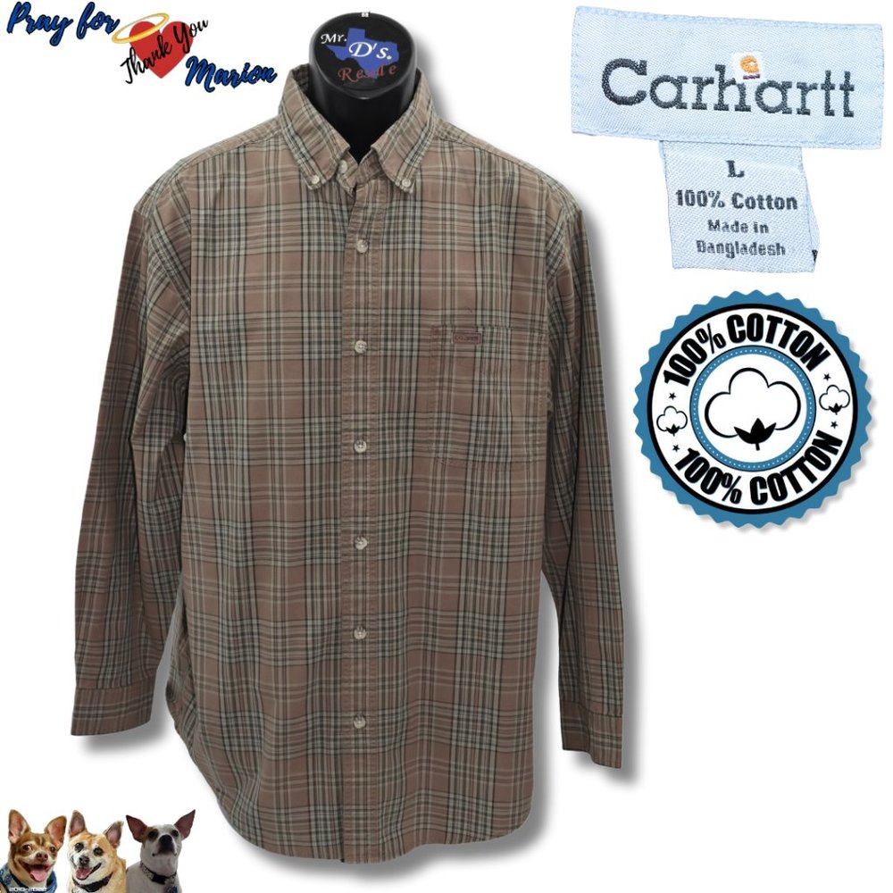 Carhartt L Brown Plaid Long Sleeve Woven Cotton Button Down w/Pocket Shirt